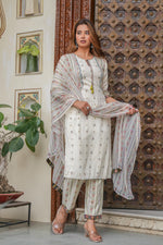 Thumbnail for Juniper Off white printed kurta , Printed bottom and floral dupatta with dori and tassel - Distacart