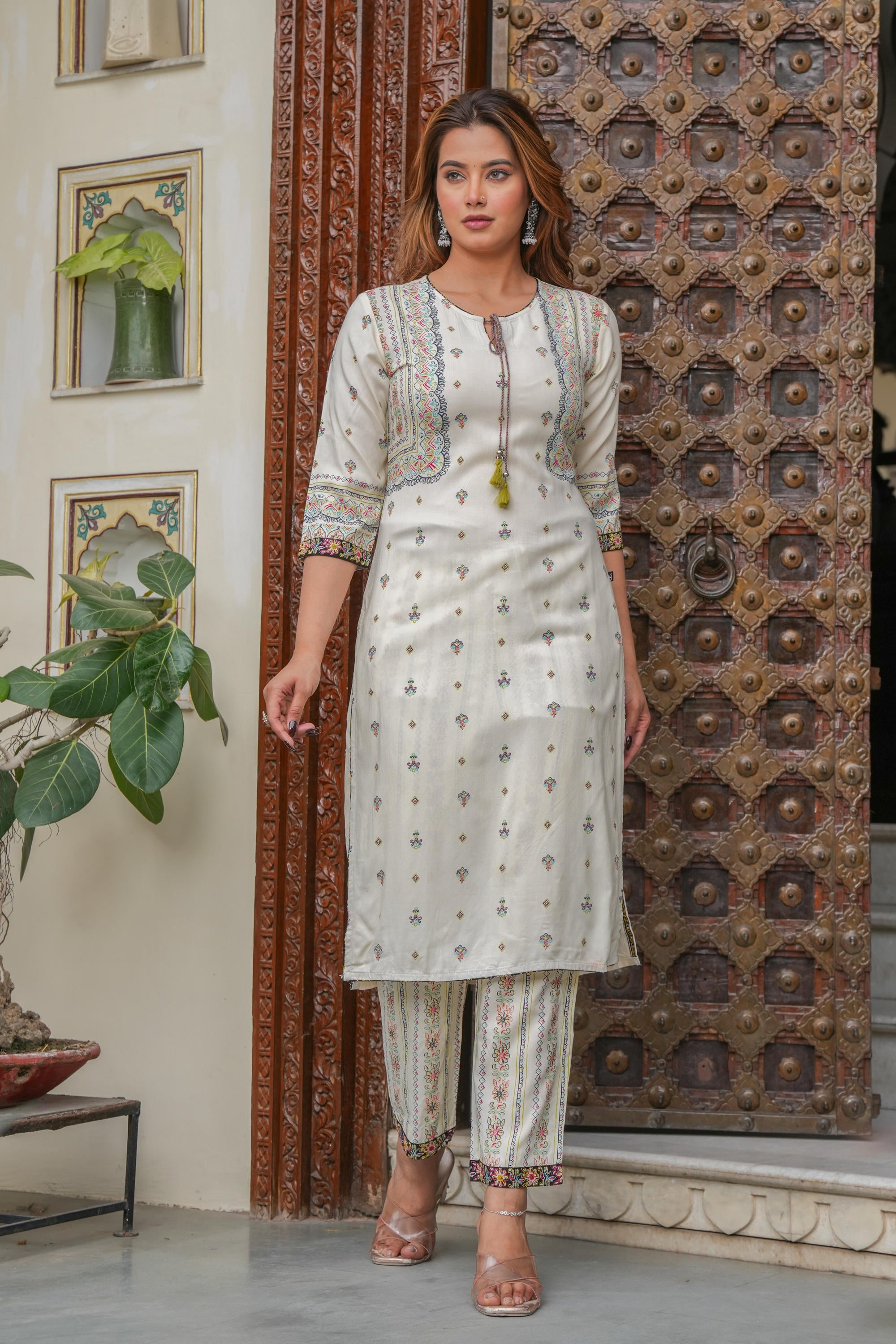 Juniper Off white printed kurta , Printed bottom and floral dupatta with dori and tassel - Distacart