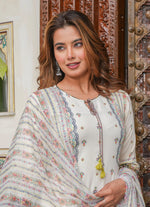 Thumbnail for Juniper Off white printed kurta , Printed bottom and floral dupatta with dori and tassel - Distacart