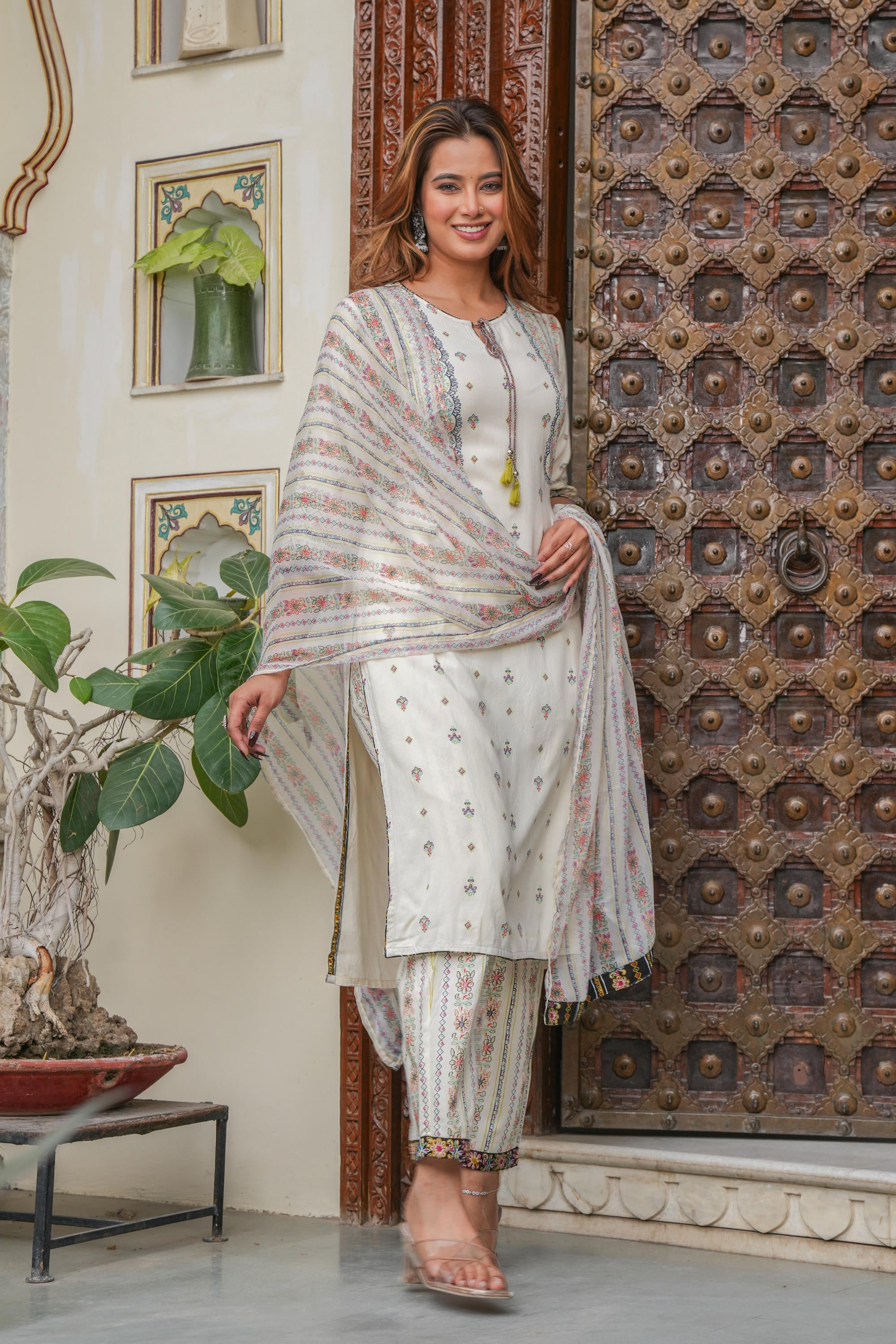 Juniper Off white printed kurta , Printed bottom and floral dupatta with dori and tassel - Distacart