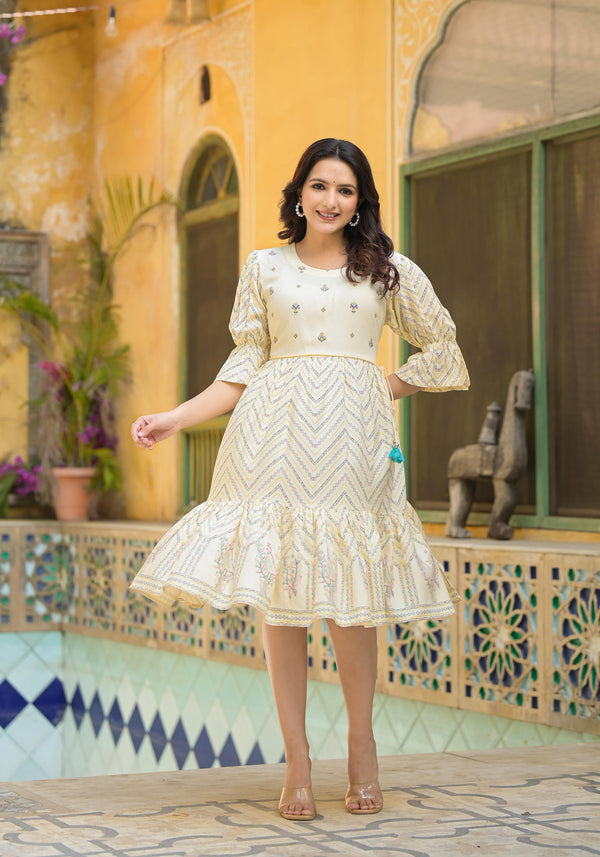 Juniper Ivory Ethnic Motif Printed Viscose Short Dress With Dori - Distacart