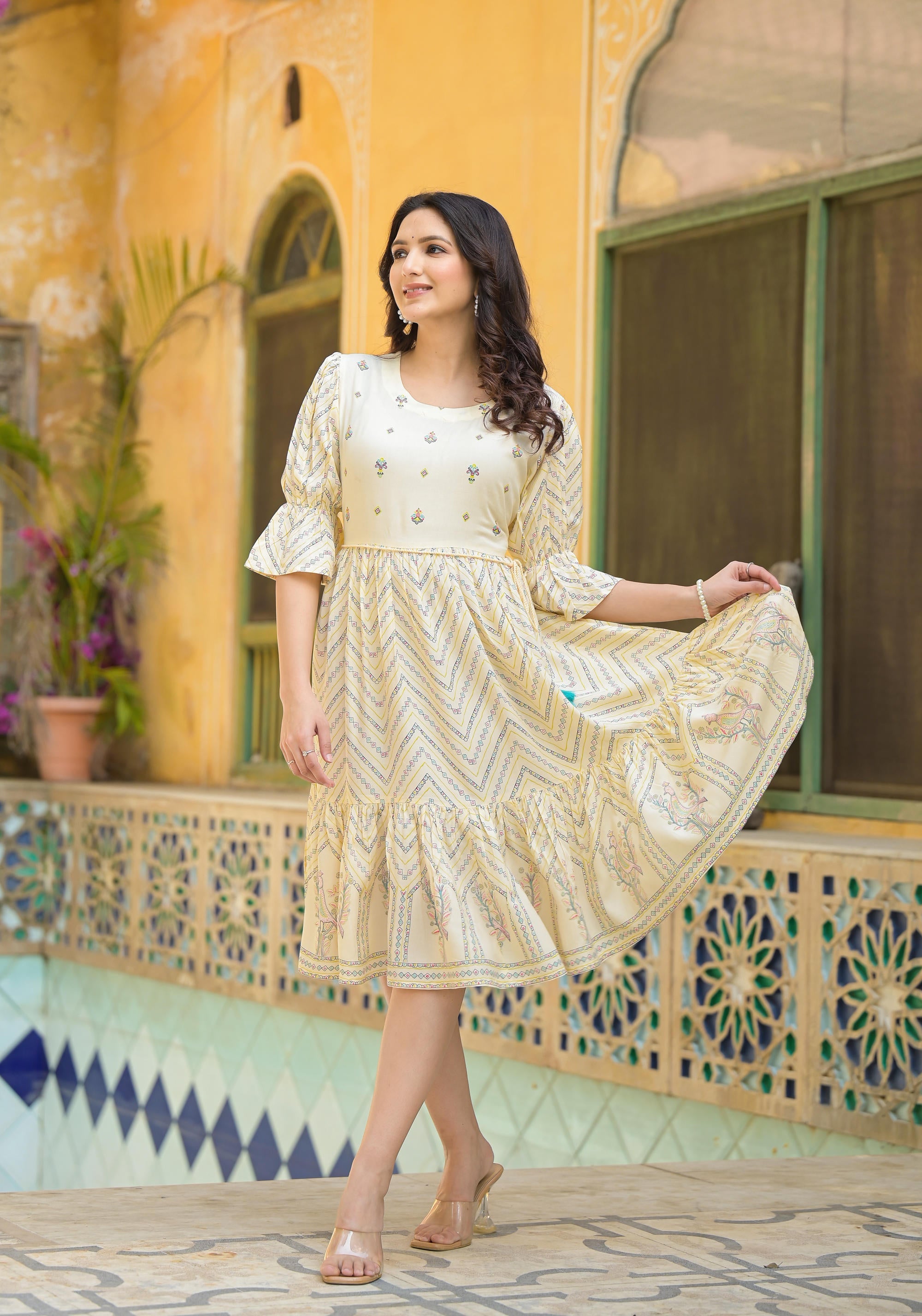 Juniper Ivory Ethnic Motif Printed Viscose Short Dress With Dori - Distacart