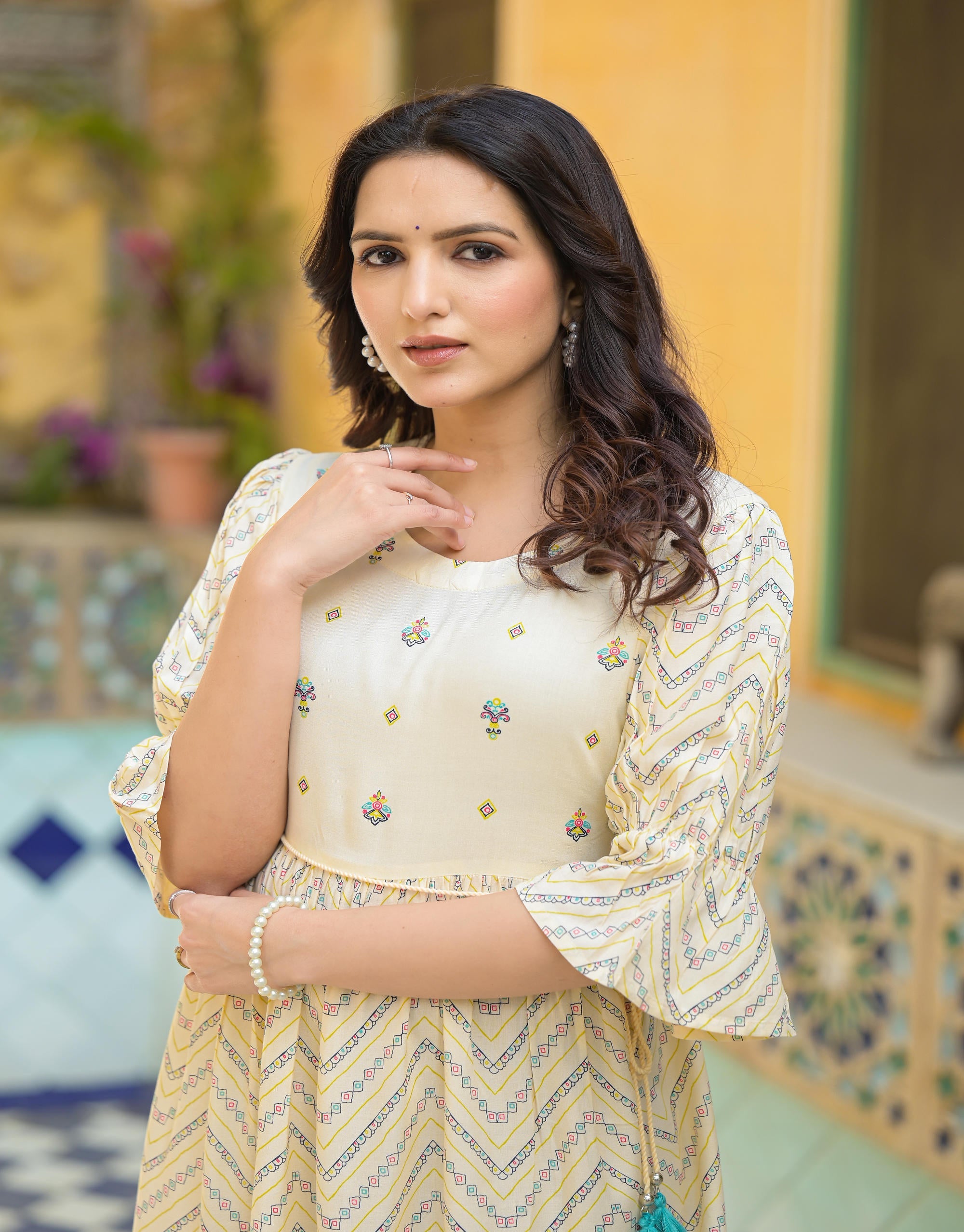 Juniper Ivory Ethnic Motif Printed Viscose Short Dress With Dori - Distacart