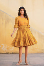 Thumbnail for Juniper Mustard Ethnic Motif Printed Viscose Short Dress With Dori - Distacart