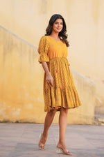 Thumbnail for Juniper Mustard Ethnic Motif Printed Viscose Short Dress With Dori - Distacart