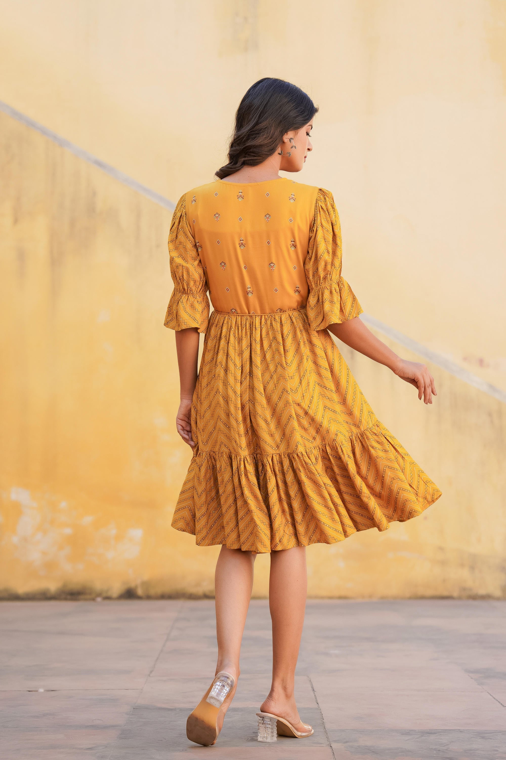 Juniper Mustard Ethnic Motif Printed Viscose Short Dress With Dori - Distacart