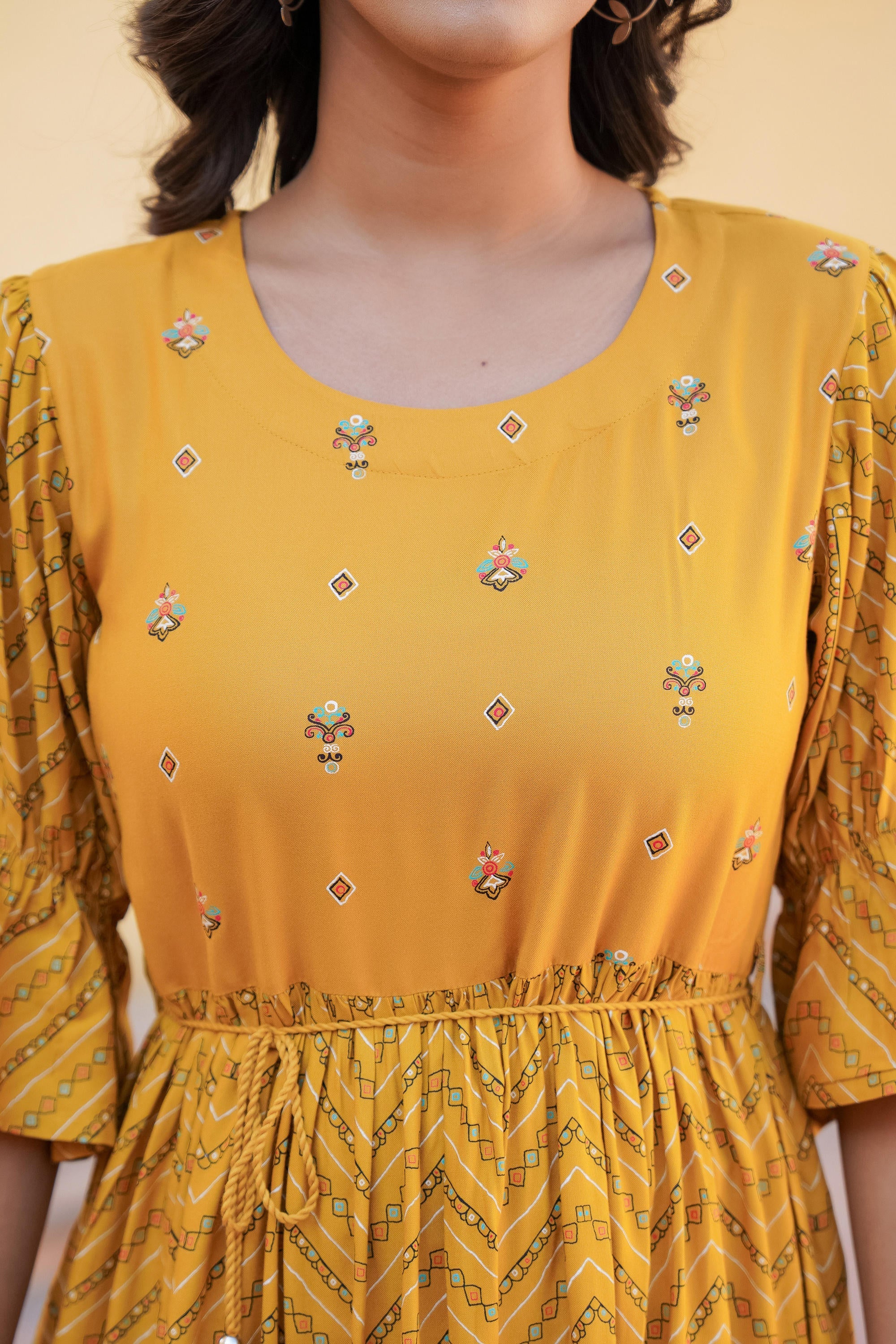 Juniper Mustard Ethnic Motif Printed Viscose Short Dress With Dori - Distacart