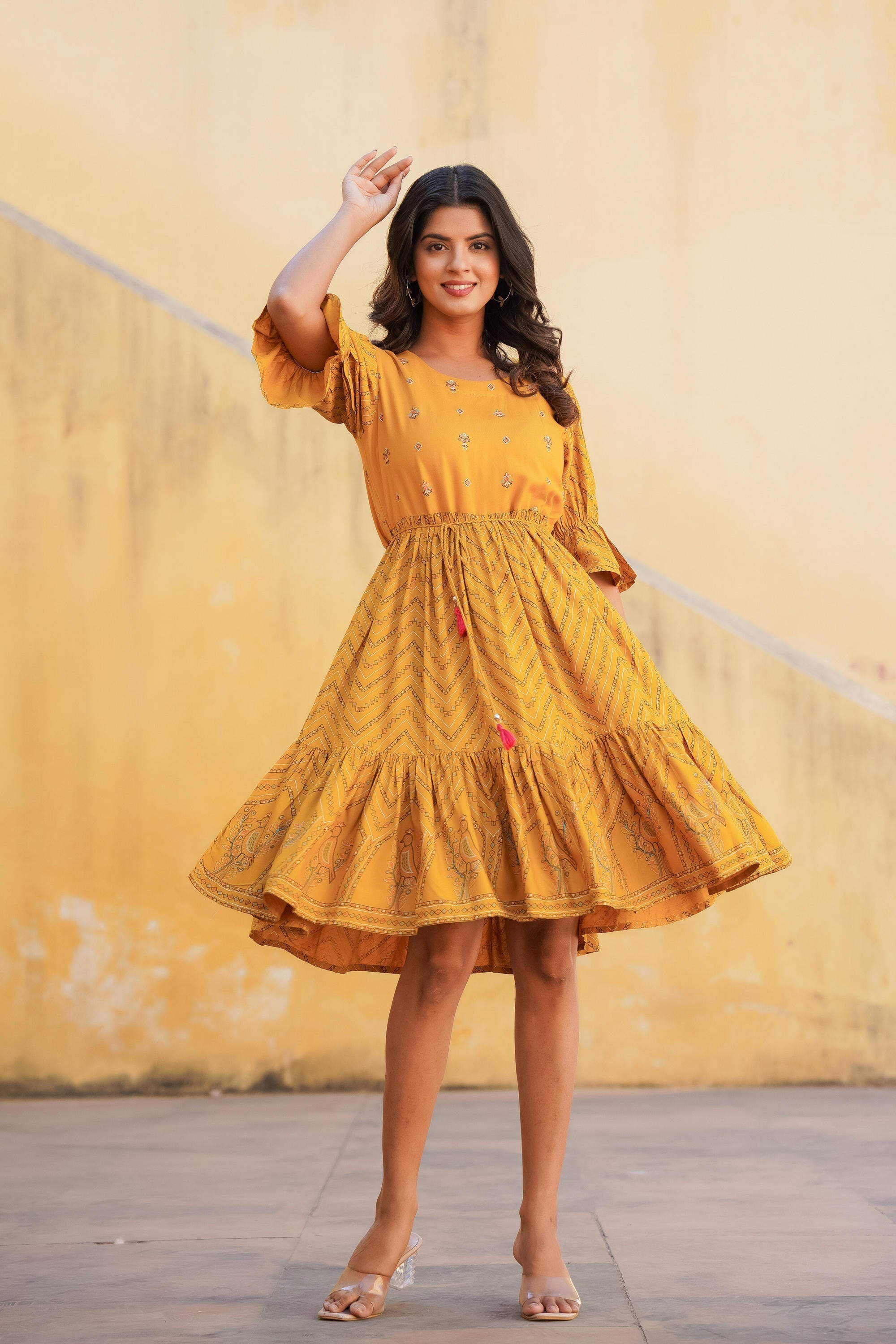 Juniper Mustard Ethnic Motif Printed Viscose Short Dress With Dori - Distacart