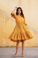 Thumbnail for Juniper Mustard Ethnic Motif Printed Viscose Short Dress With Dori - Distacart