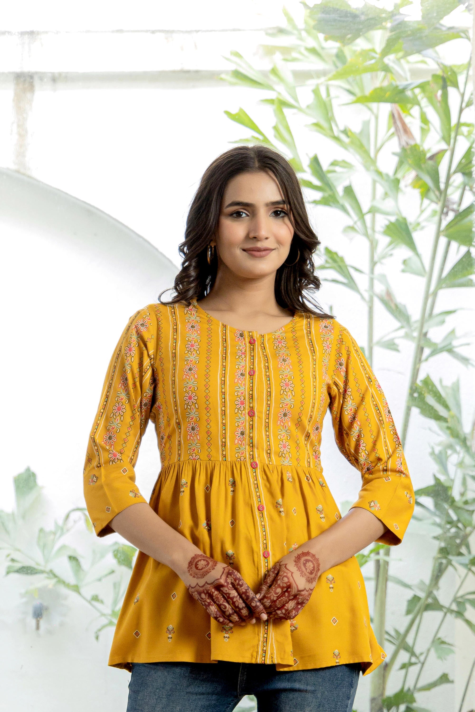 Juniper Mustard Floral Printed Viscose Tunic With Buttons - Distacart