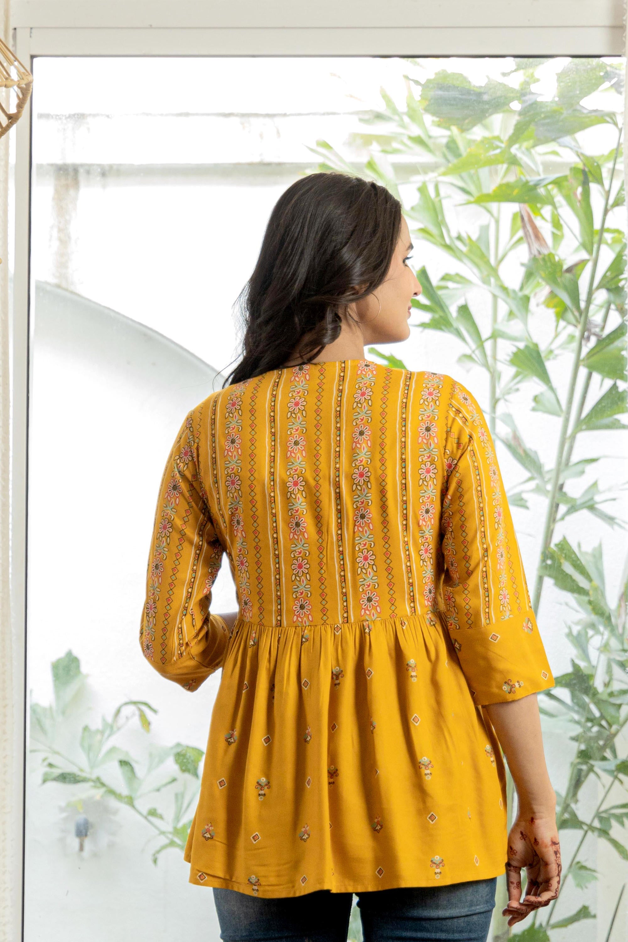 Juniper Mustard Floral Printed Viscose Tunic With Buttons - Distacart
