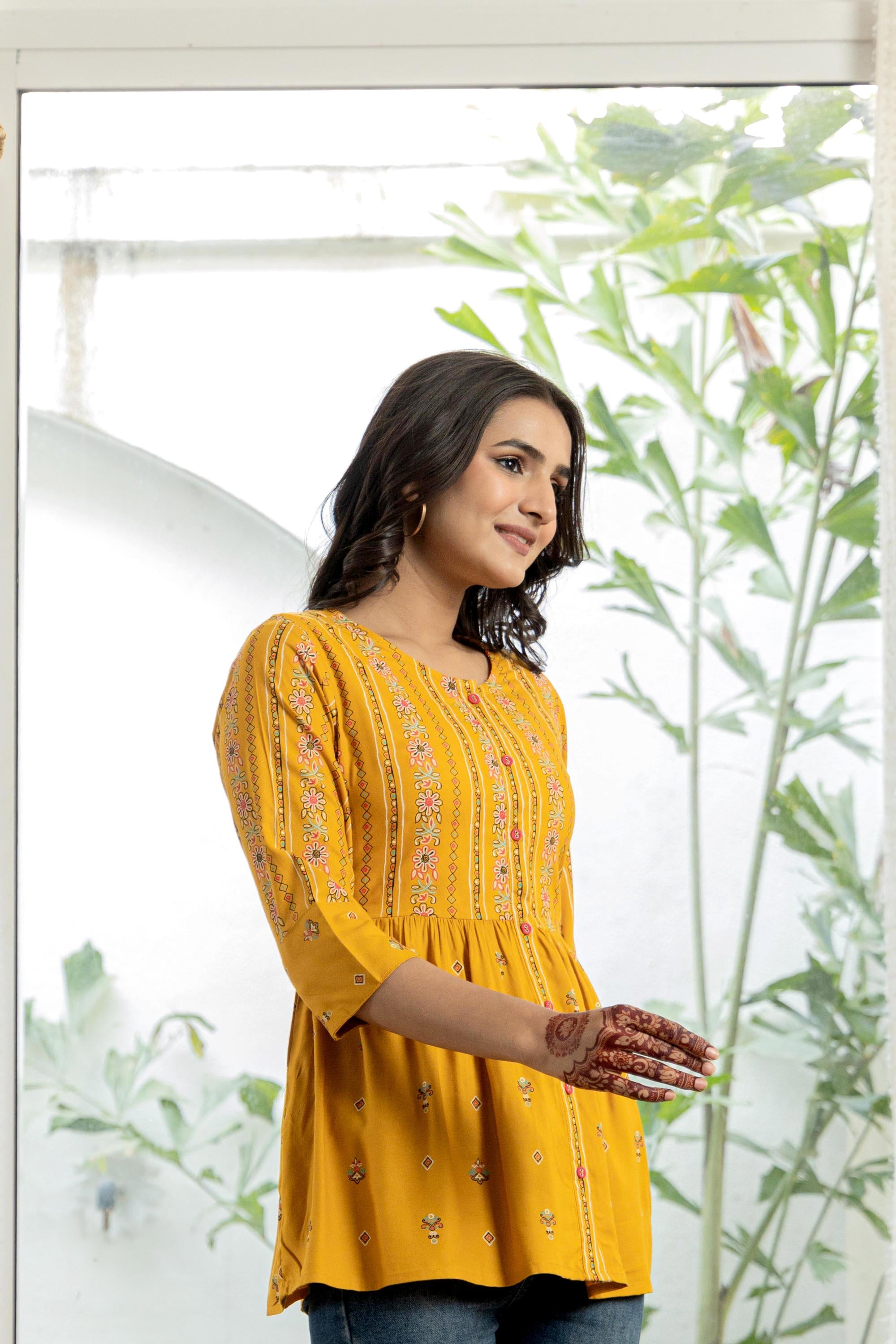 Juniper Mustard Floral Printed Viscose Tunic With Buttons - Distacart