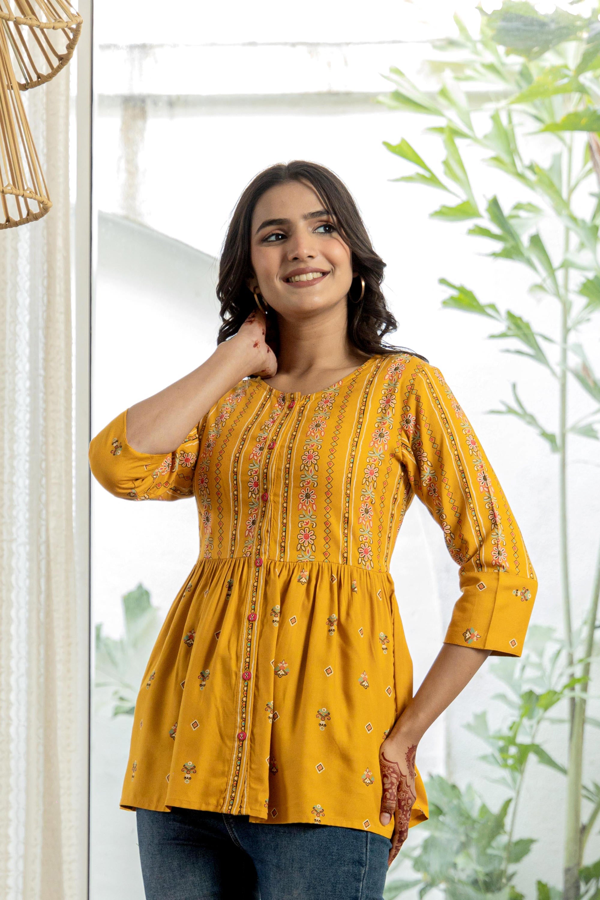 Juniper Mustard Floral Printed Viscose Tunic With Buttons - Distacart