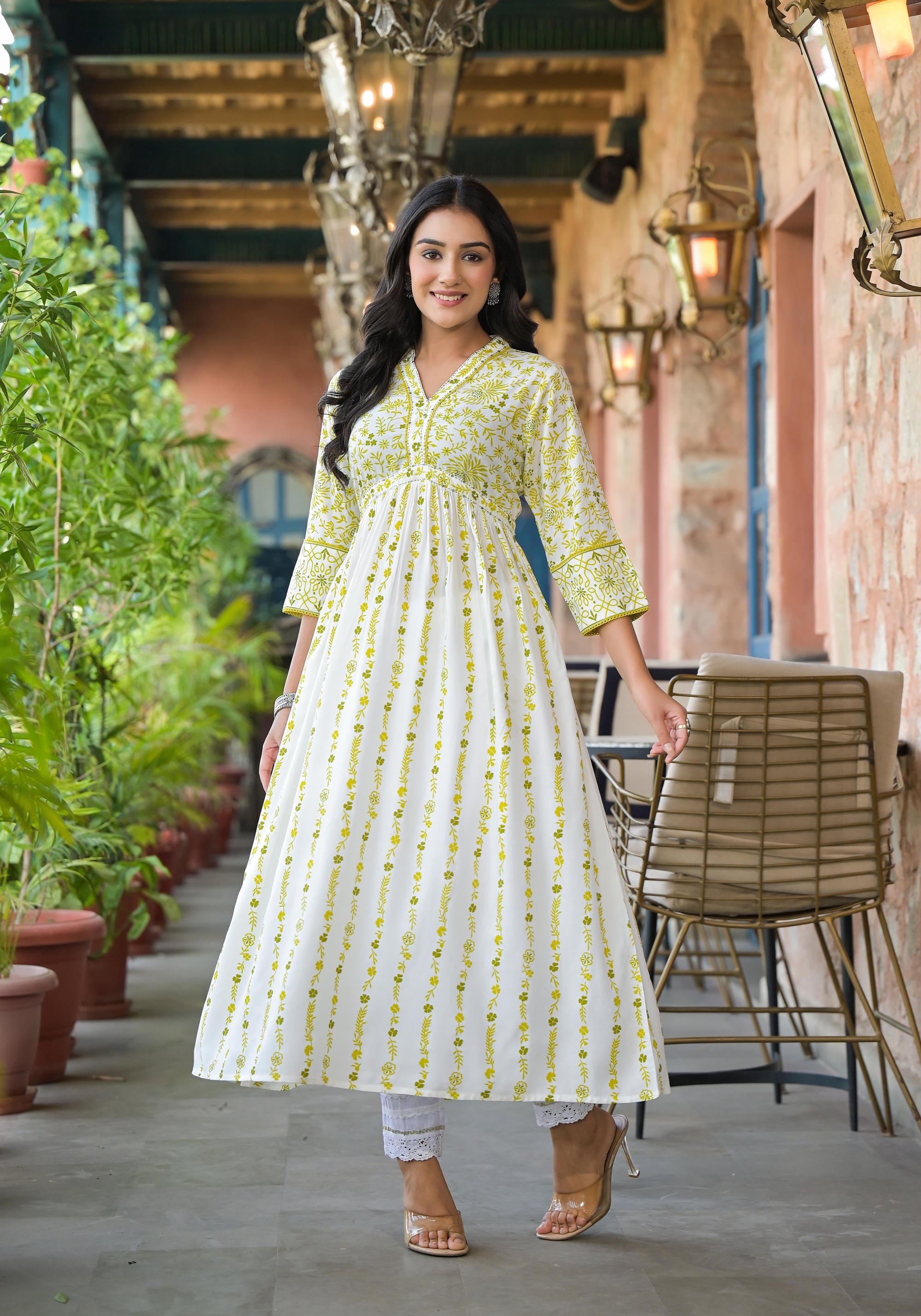 Juniper Off White & Lime Floral Printed Viscose Kurta With Sequins & Thread Work - Distacart