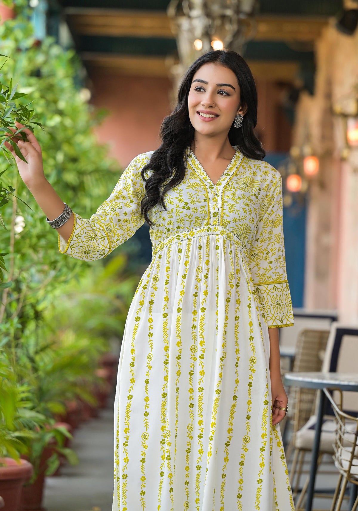 Juniper Women's Off White & Lime Floral Printed Viscose Kurta With Sequins & Thread Work - Distacart