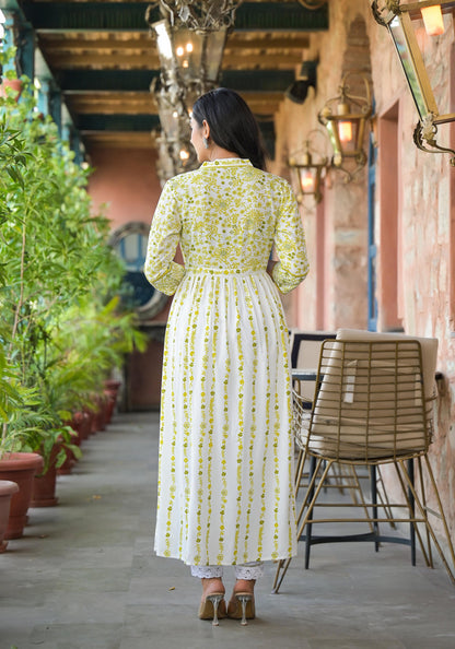 Juniper Women's Off White & Lime Floral Printed Viscose Kurta With Sequins & Thread Work - Distacart