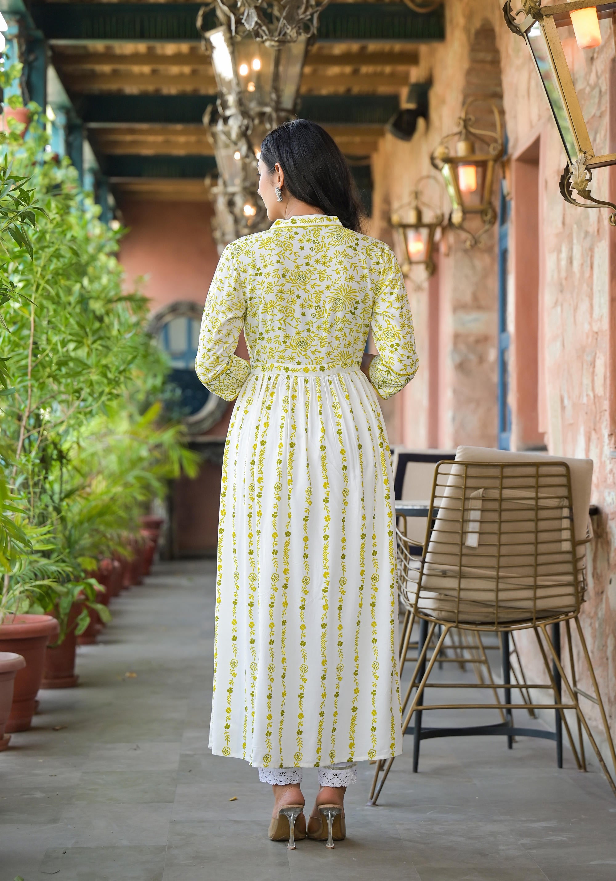 Juniper Off White & Lime Floral Printed Viscose Kurta With Sequins & Thread Work - Distacart
