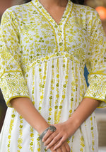 Thumbnail for Juniper Off White & Lime Floral Printed Viscose Kurta With Sequins & Thread Work - Distacart
