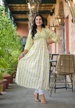 Thumbnail for Juniper Women's Off White & Lime Floral Printed Viscose Kurta With Sequins & Thread Work - Distacart