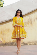 Thumbnail for Juniper Mustard Ethnic Motif Printed Viscose Short Dress With Doris & Tassels - Distacart