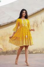 Thumbnail for Juniper Mustard Ethnic Motif Printed Viscose Short Dress With Doris & Tassels - Distacart