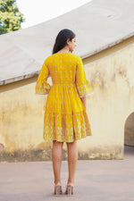 Thumbnail for Juniper Mustard Ethnic Motif Printed Viscose Short Dress With Doris & Tassels - Distacart