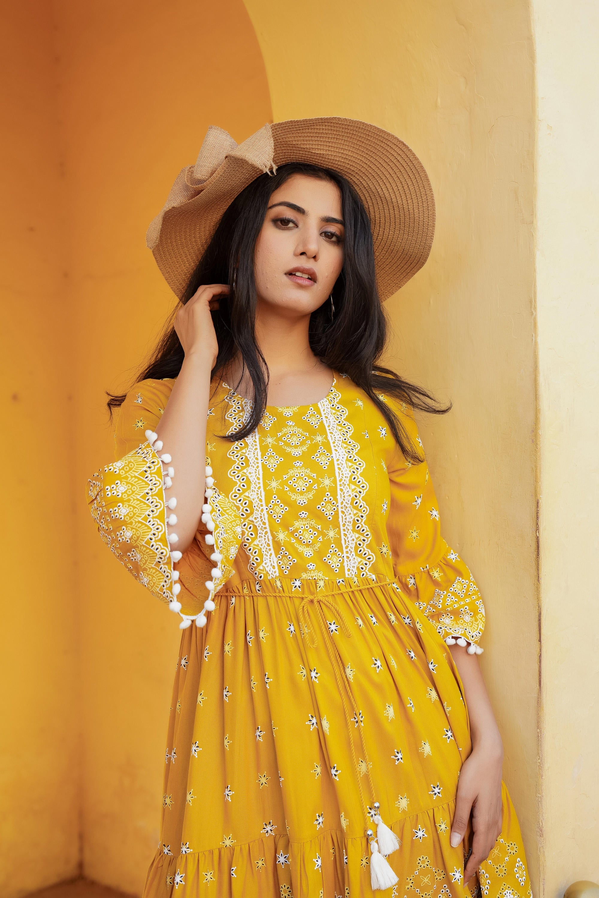 Juniper Mustard Ethnic Motif Printed Viscose Short Dress With Doris & Tassels - Distacart