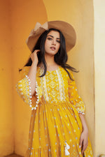 Thumbnail for Juniper Mustard Ethnic Motif Printed Viscose Short Dress With Doris & Tassels - Distacart
