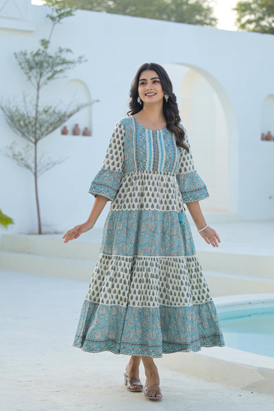 Juniper Women's Sky Blue Ethnic Motif Printed Cotton Long Dress With Doris & Tassels - Distacart