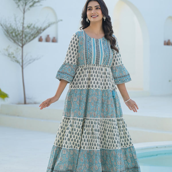 Juniper Sky Blue Ethnic Motif Printed Cotton Long Dress With Doris & Tassels - Distacart
