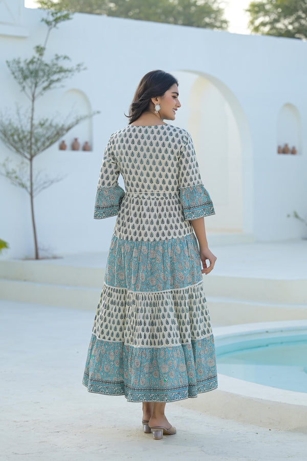 Juniper Women's Sky Blue Ethnic Motif Printed Cotton Long Dress With Doris & Tassels - Distacart