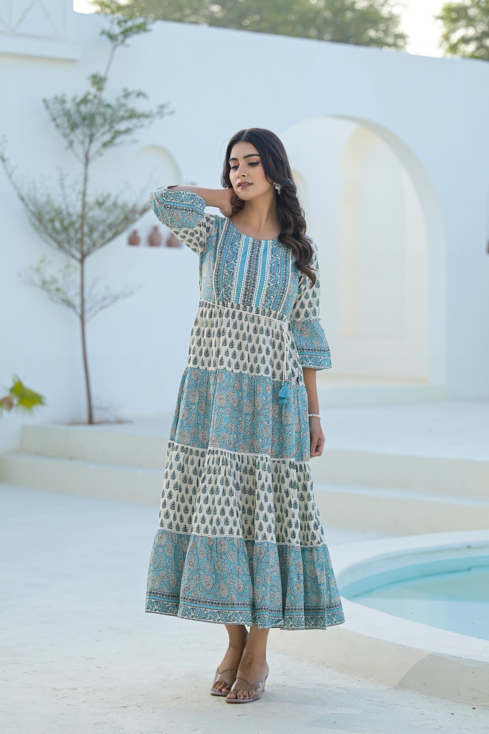 Juniper Women's Sky Blue Ethnic Motif Printed Cotton Long Dress With Doris & Tassels - Distacart