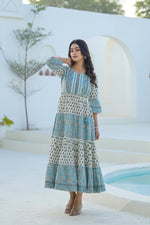Thumbnail for Juniper Sky Blue Ethnic Motif Printed Cotton Long Dress With Doris & Tassels - Distacart