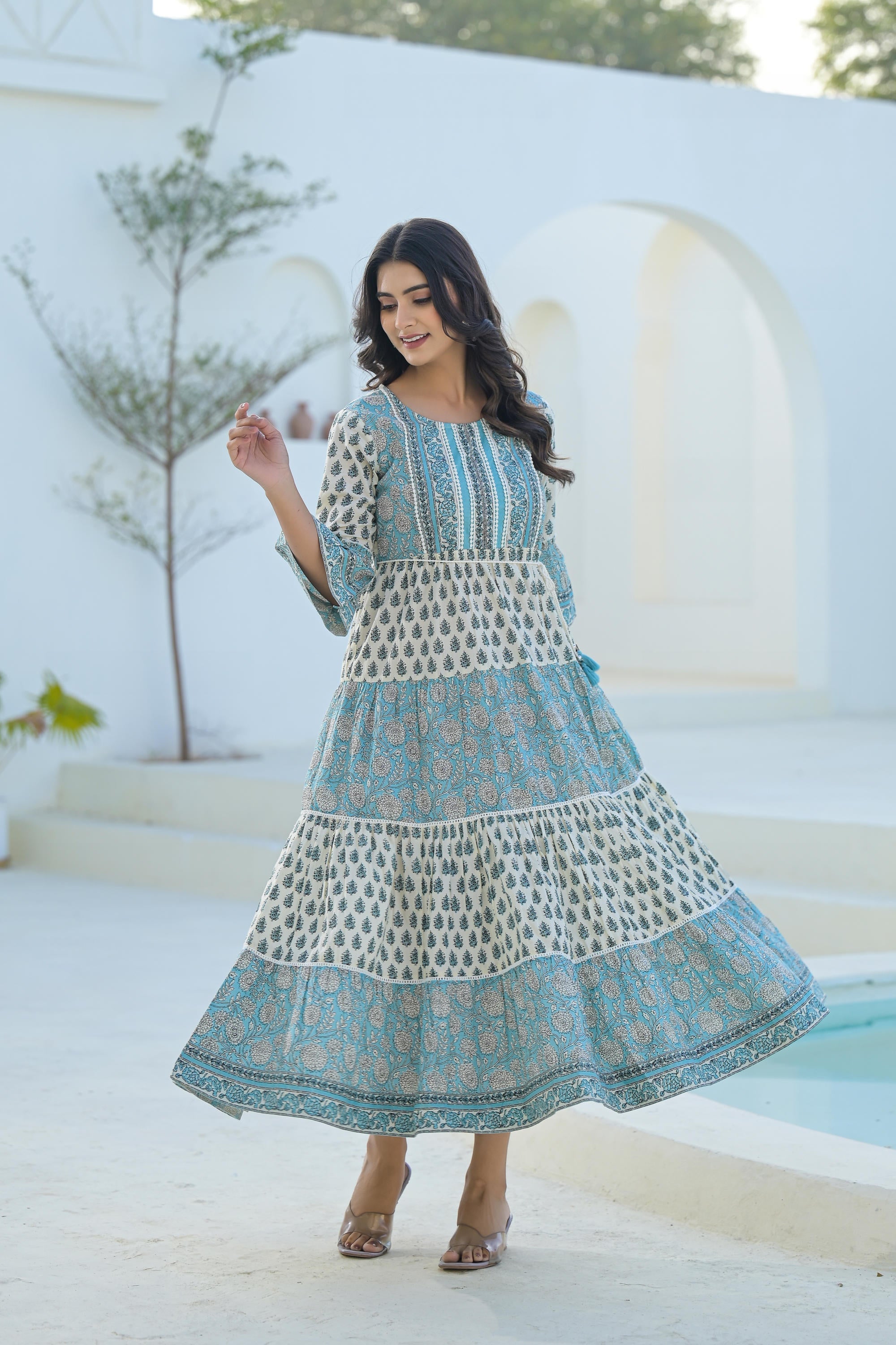 Juniper Women's Sky Blue Ethnic Motif Printed Cotton Long Dress With Doris & Tassels - Distacart