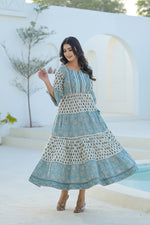 Thumbnail for Juniper Women's Sky Blue Ethnic Motif Printed Cotton Long Dress With Doris & Tassels - Distacart