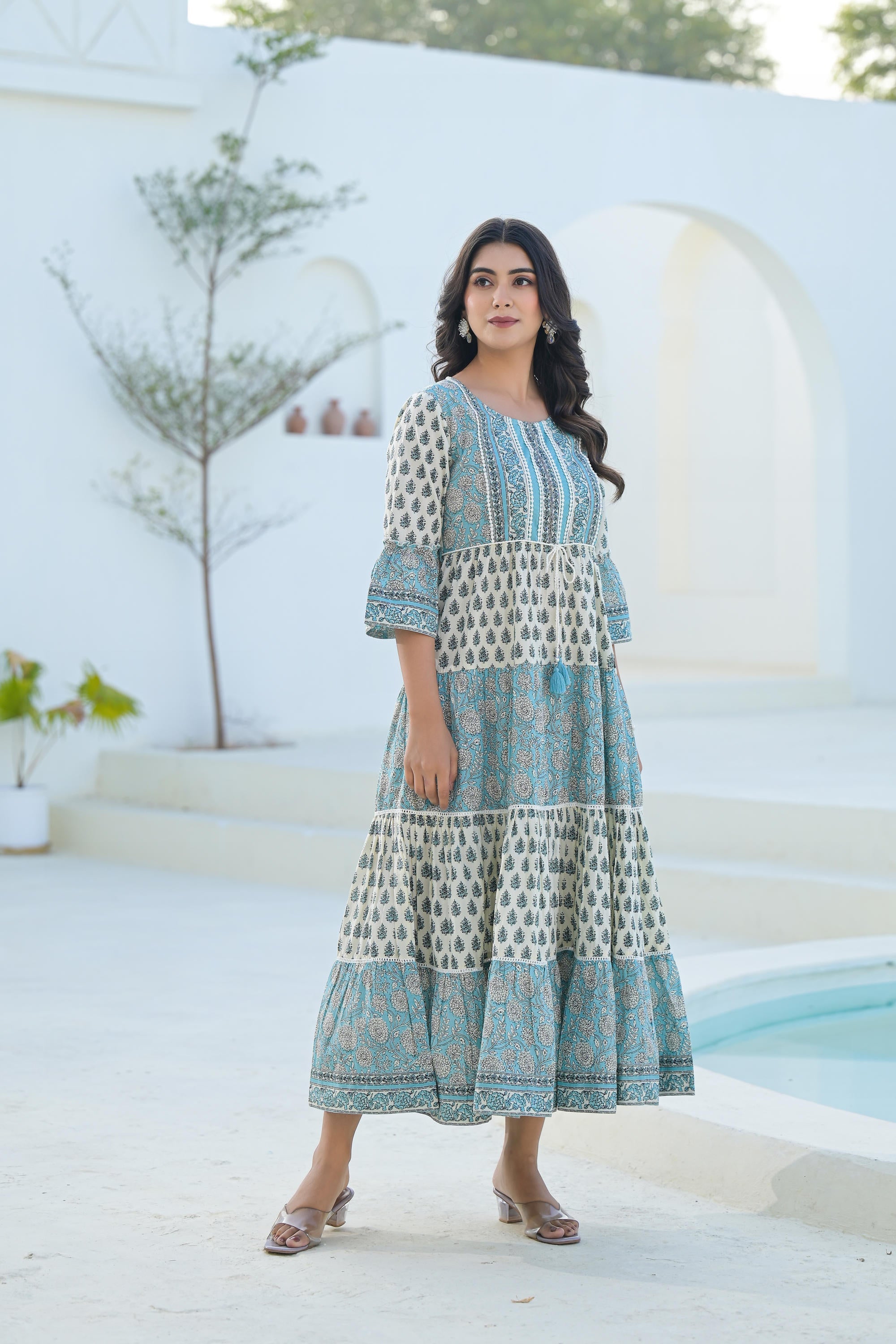 Juniper Women's Sky Blue Ethnic Motif Printed Cotton Long Dress With Doris & Tassels - Distacart