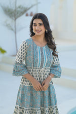 Thumbnail for Juniper Women's Sky Blue Ethnic Motif Printed Cotton Long Dress With Doris & Tassels - Distacart