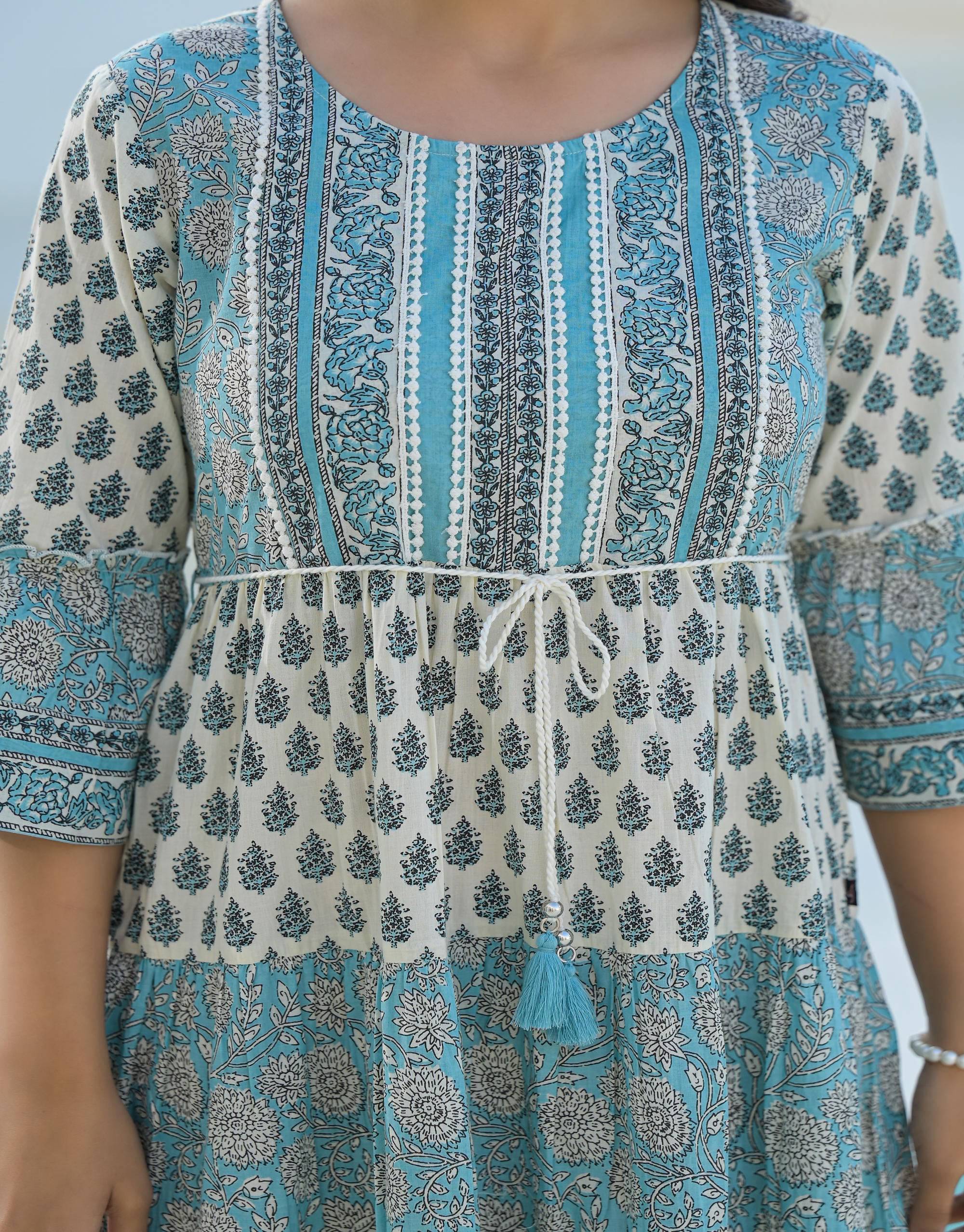 Juniper Women's Sky Blue Ethnic Motif Printed Cotton Long Dress With Doris & Tassels - Distacart
