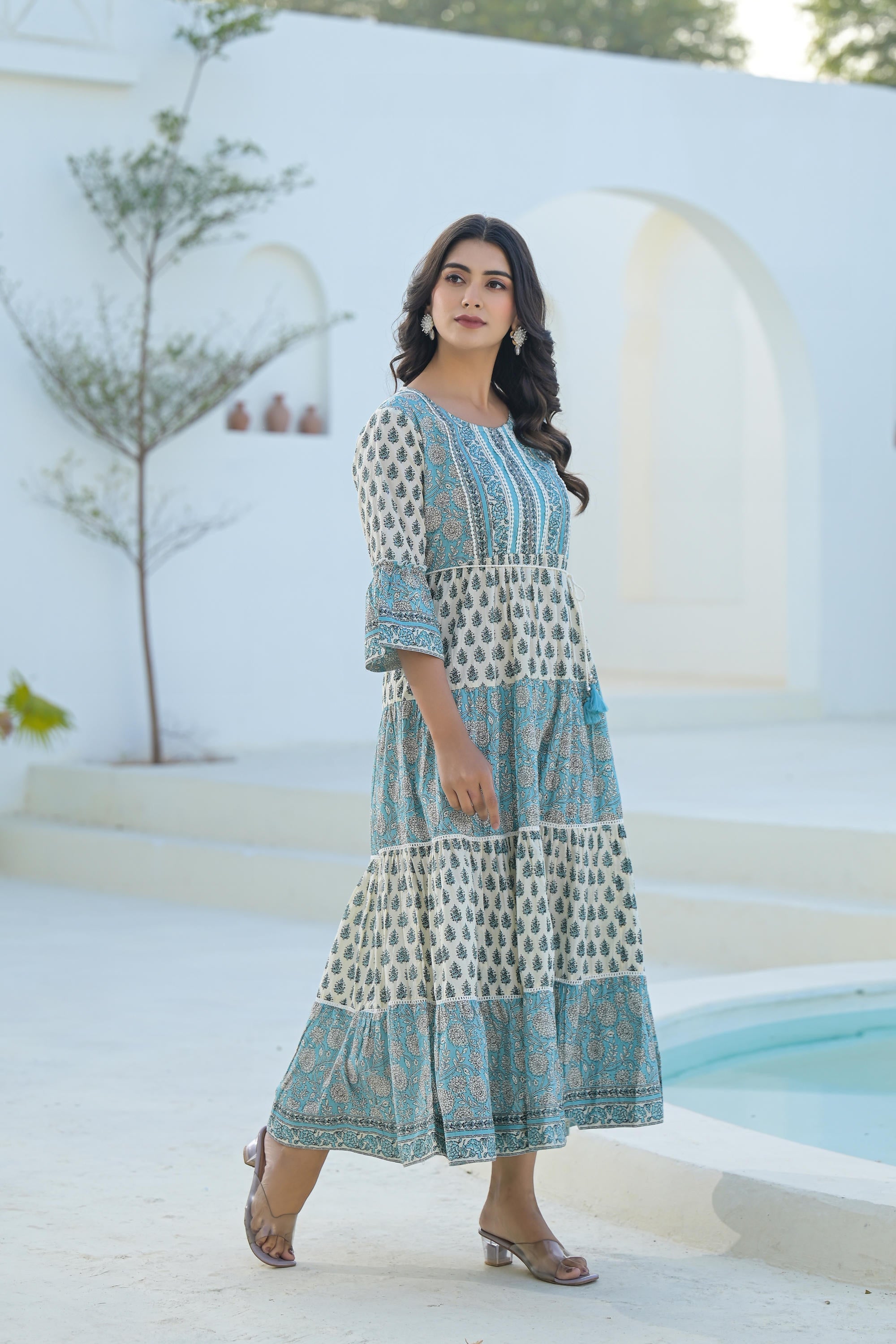 Juniper Women's Sky Blue Ethnic Motif Printed Cotton Long Dress With Doris & Tassels - Distacart