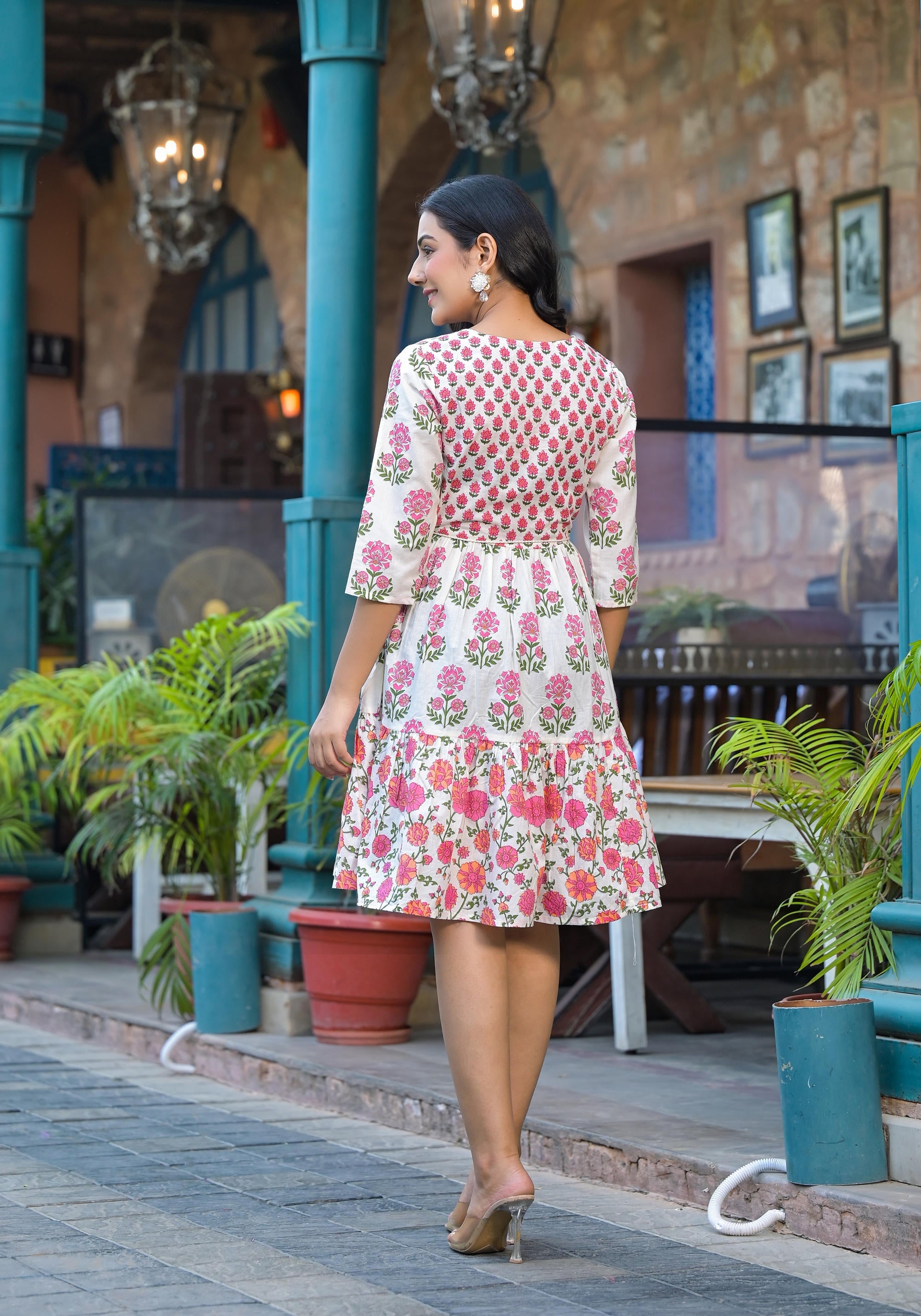 Juniper Women's Off Lime Floral Printed Cotton Short Dress With Doris - Distacart