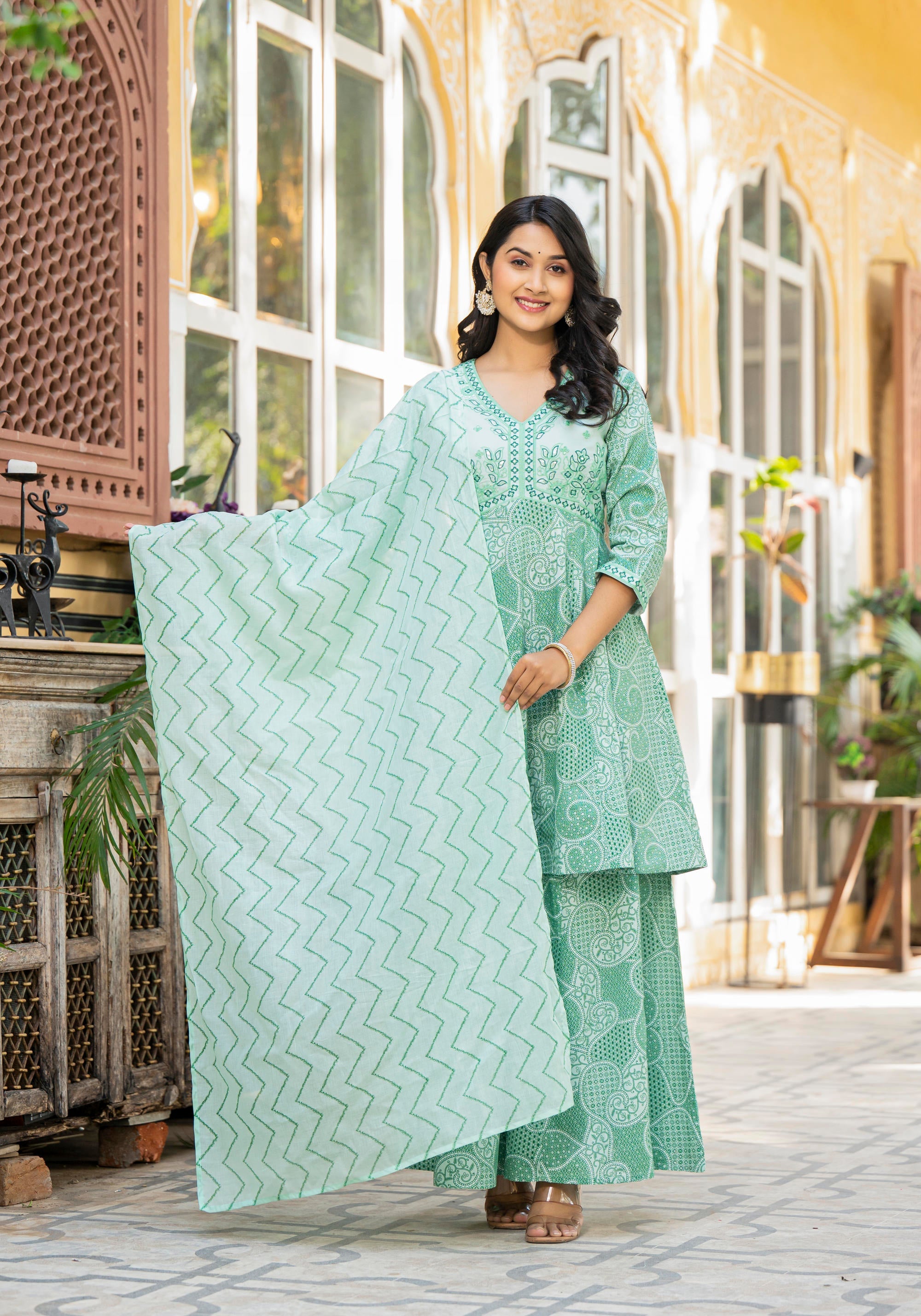 Juniper Green Ethnic Motif Printed Viscose Kurta Palazzo And Dupatta Set With Thread Work & Sequins - Distacart