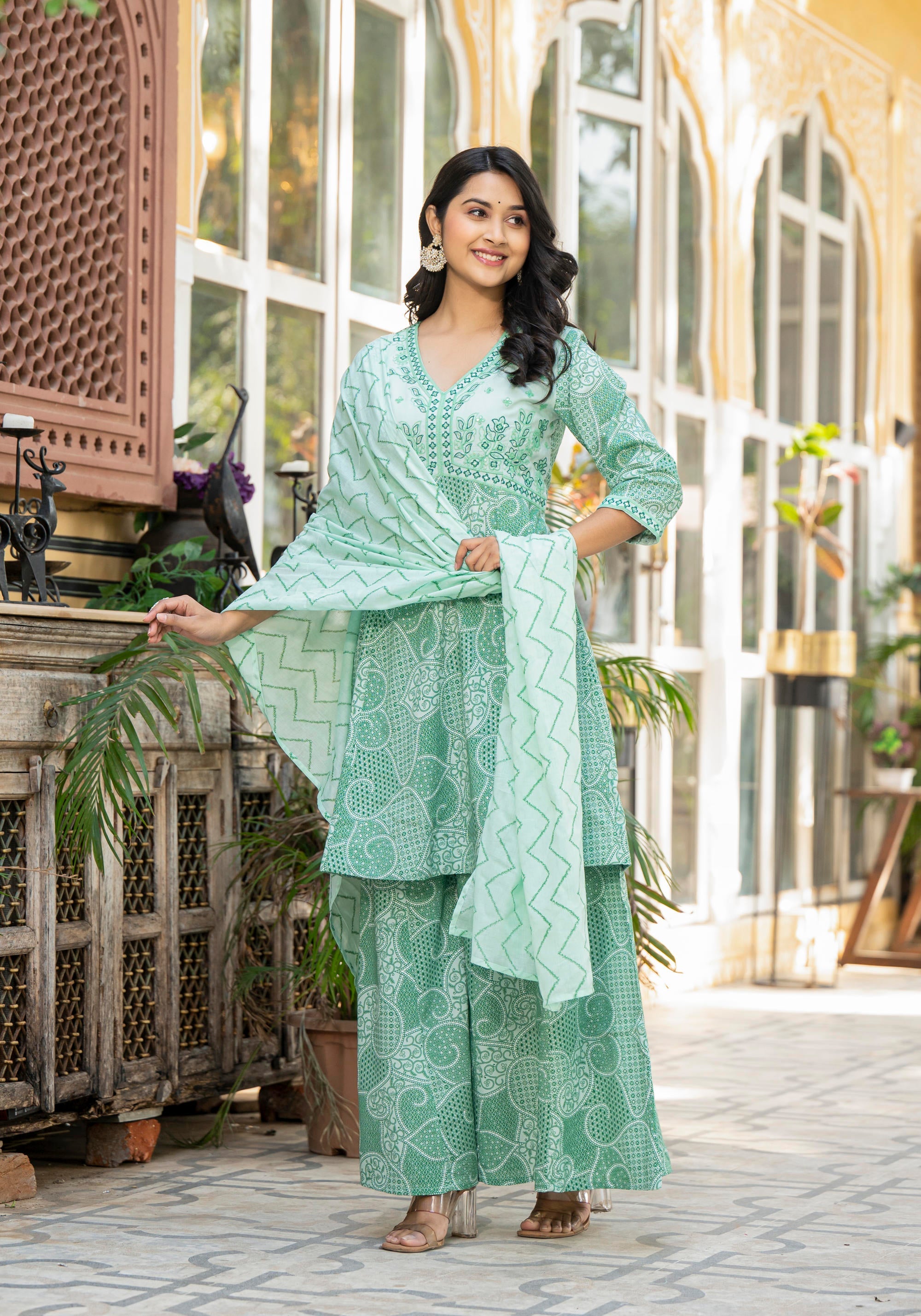 Juniper Green Ethnic Motif Printed Viscose Kurta Palazzo And Dupatta Set With Thread Work & Sequins - Distacart