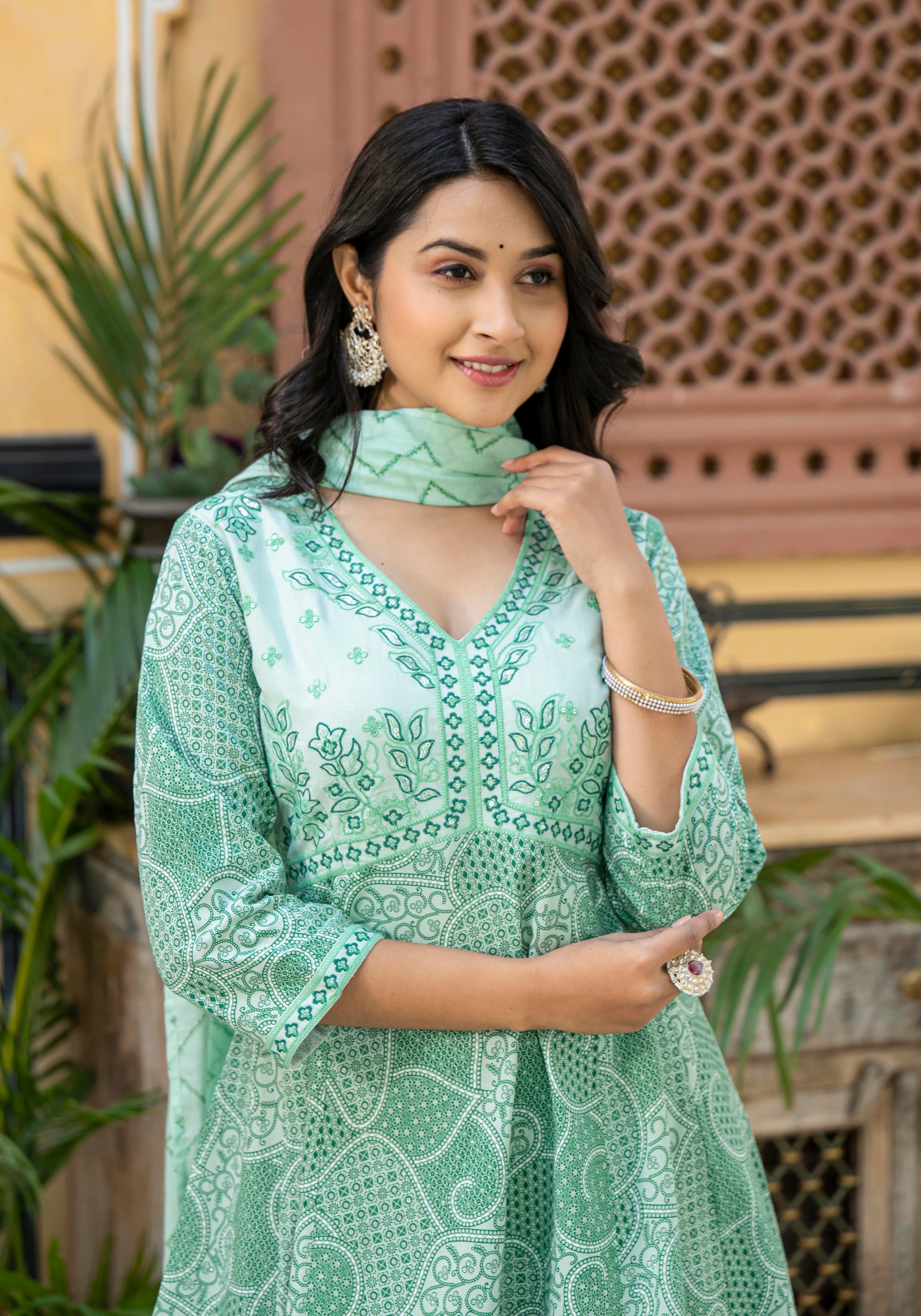 Juniper Green Ethnic Motif Printed Viscose Kurta Palazzo And Dupatta Set With Thread Work & Sequins - Distacart