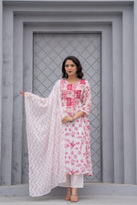 Thumbnail for Juniper White & Pink Floral Printed Cotton Kurta Set With Thread & Mirror Work