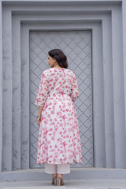 Juniper White & Pink Floral Printed Cotton Kurta Set With Thread & Mirror Work - Distacart