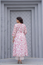 Thumbnail for Juniper White & Pink Floral Printed Cotton Kurta Set With Thread & Mirror Work
