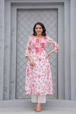 Thumbnail for Juniper White & Pink Floral Printed Cotton Kurta Set With Thread & Mirror Work