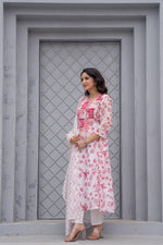 Thumbnail for Juniper White & Pink Floral Printed Cotton Kurta Set With Thread & Mirror Work