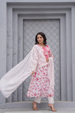 Thumbnail for Juniper White & Pink Floral Printed Cotton Kurta Set With Thread & Mirror Work