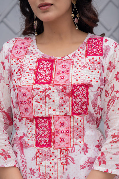 Juniper White & Pink Floral Printed Cotton Kurta Set With Thread & Mirror Work - Distacart